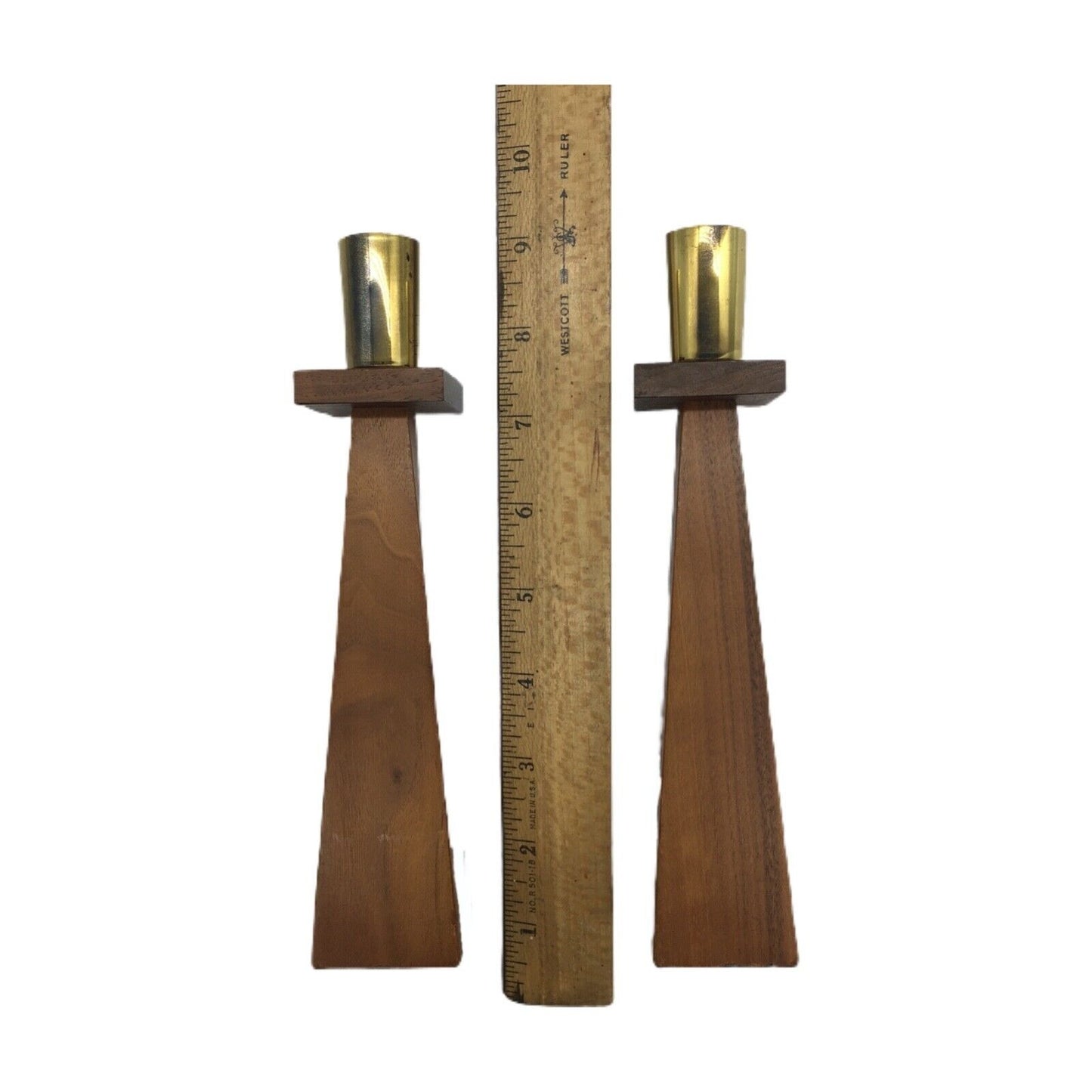Kustom Kraft Wood & Brass Candlesticks Denmark Mid Century Modern Vintage 1960s