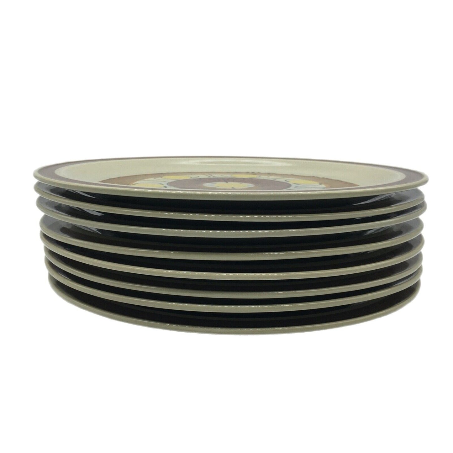 Topaz Stoneware Sunburst 70s Set 8 Dinner Plates Hand Painted Oven Proof Japan