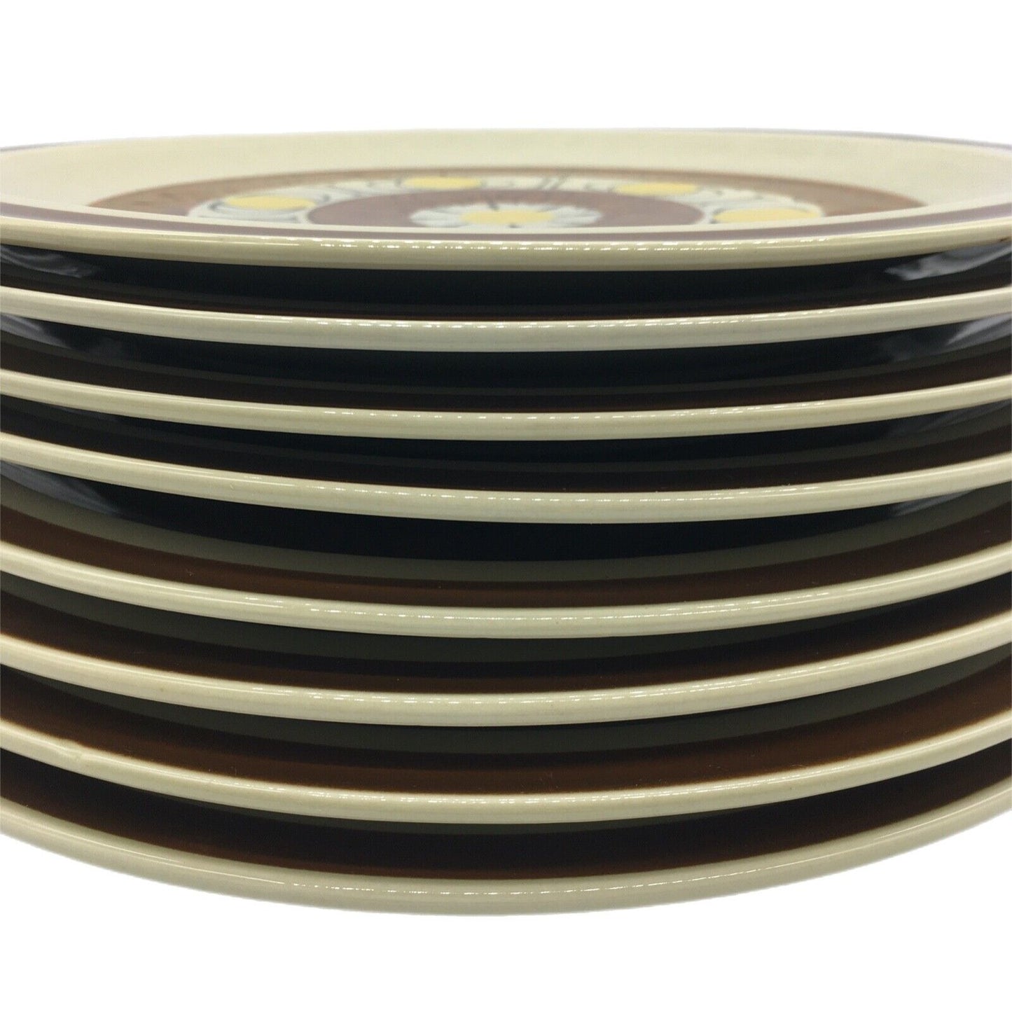 Topaz Stoneware Sunburst 70s Set 8 Dinner Plates Hand Painted Oven Proof Japan