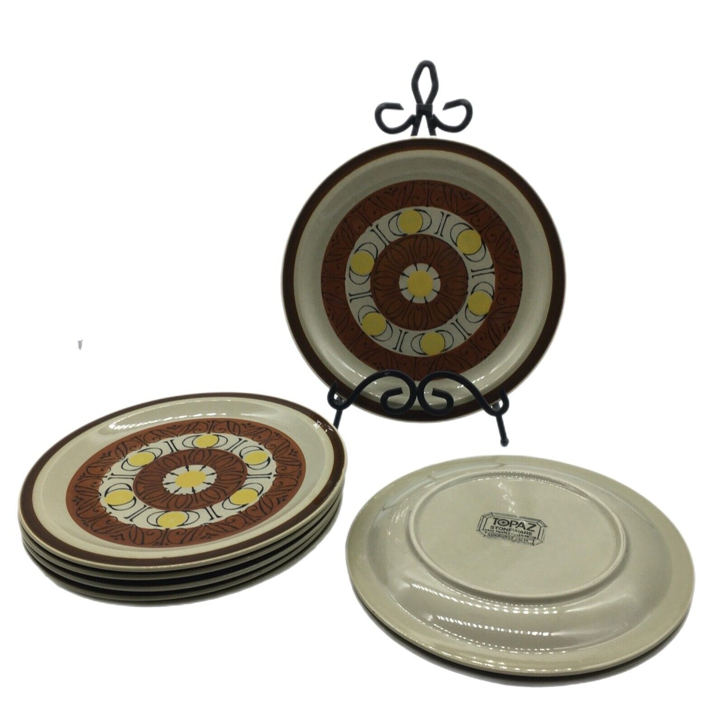 Topaz Stoneware Sunburst 70s Set 8 Dinner Plates Hand Painted Oven Proof Japan