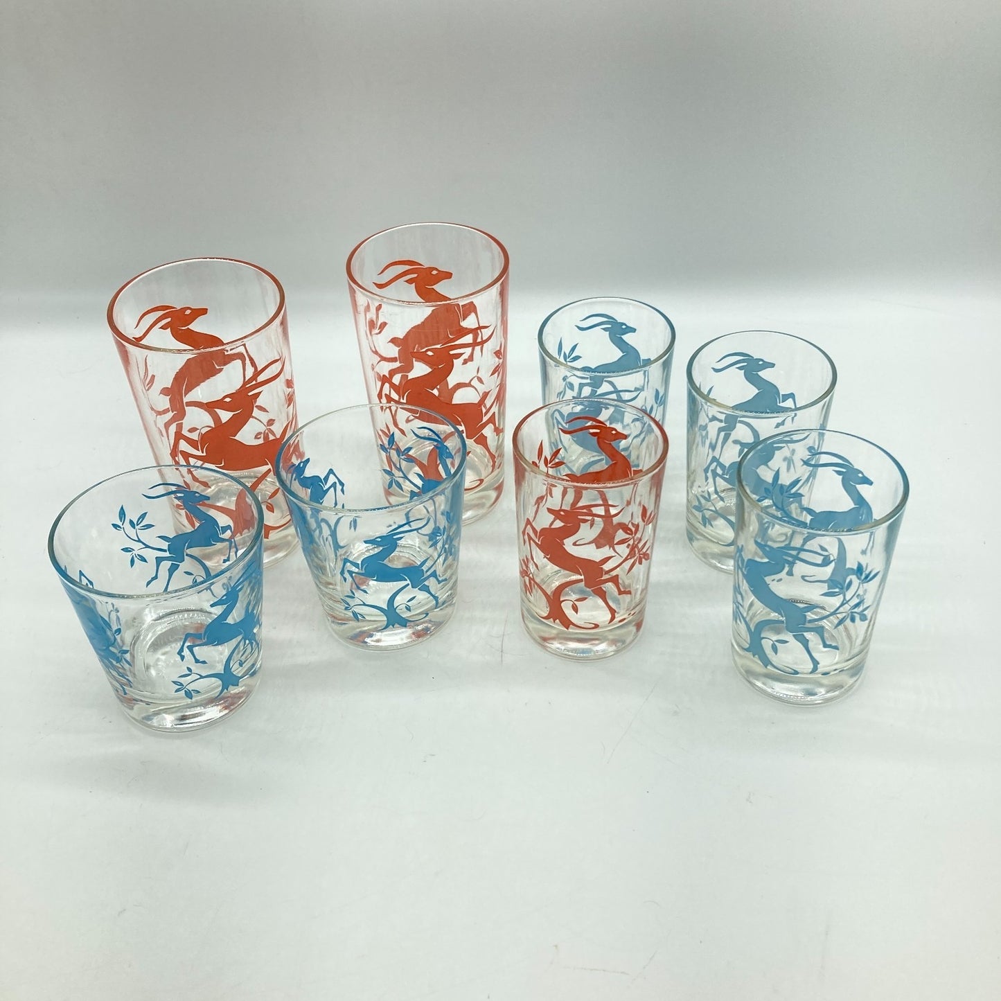Federal Glass Company Leaping Gazelle Red Blue Mixed Sizes MCM Barware Kitchen