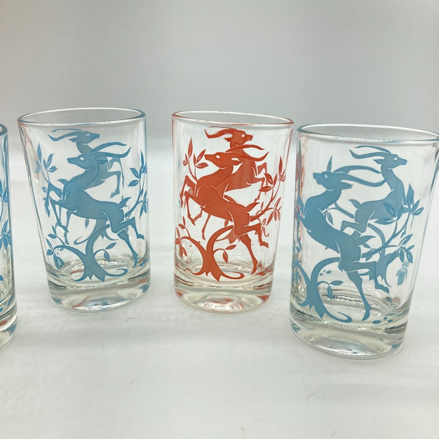 Federal Glass Company Leaping Gazelle Red Blue Mixed Sizes MCM Barware Kitchen