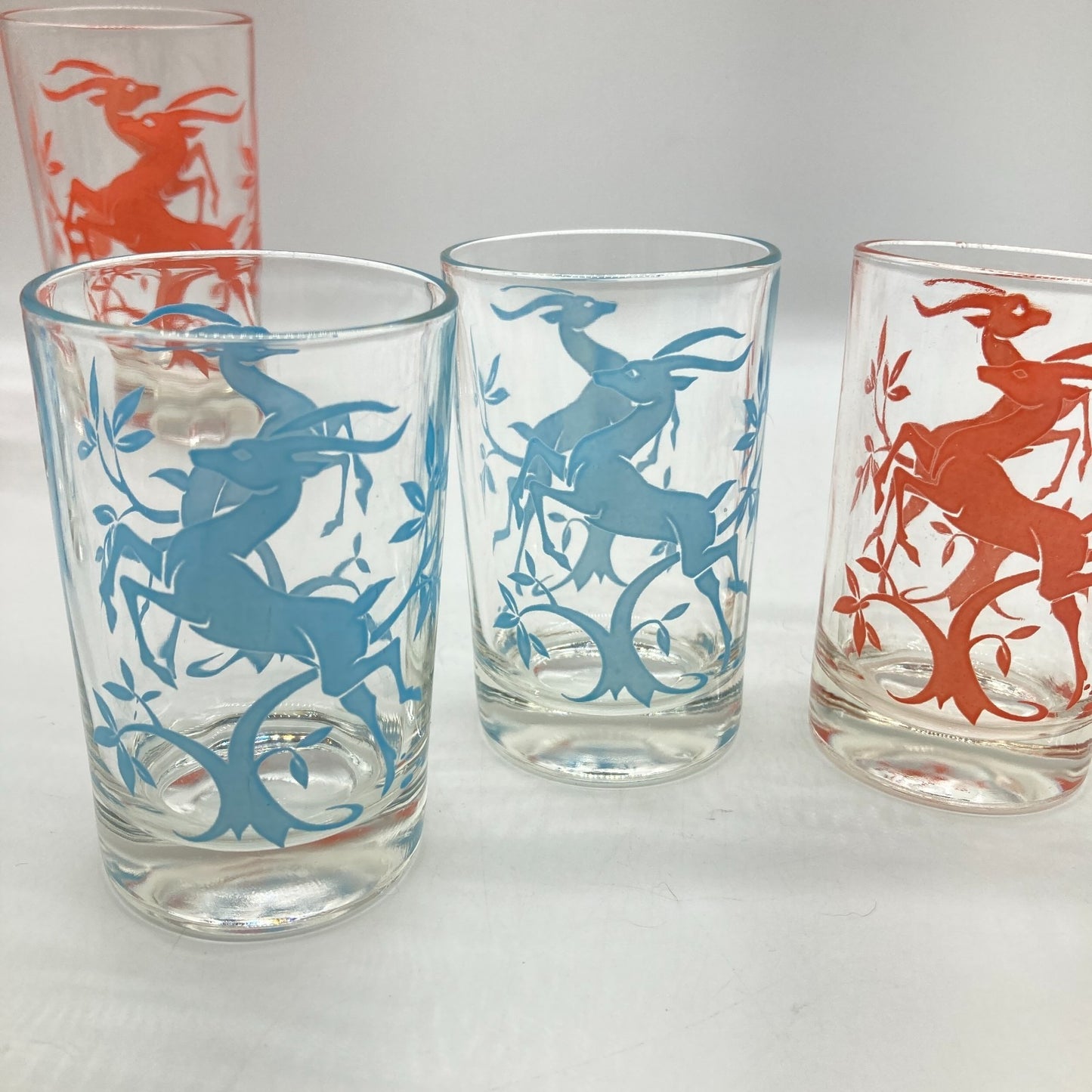 Federal Glass Company Leaping Gazelle Red Blue Mixed Sizes MCM Barware Kitchen