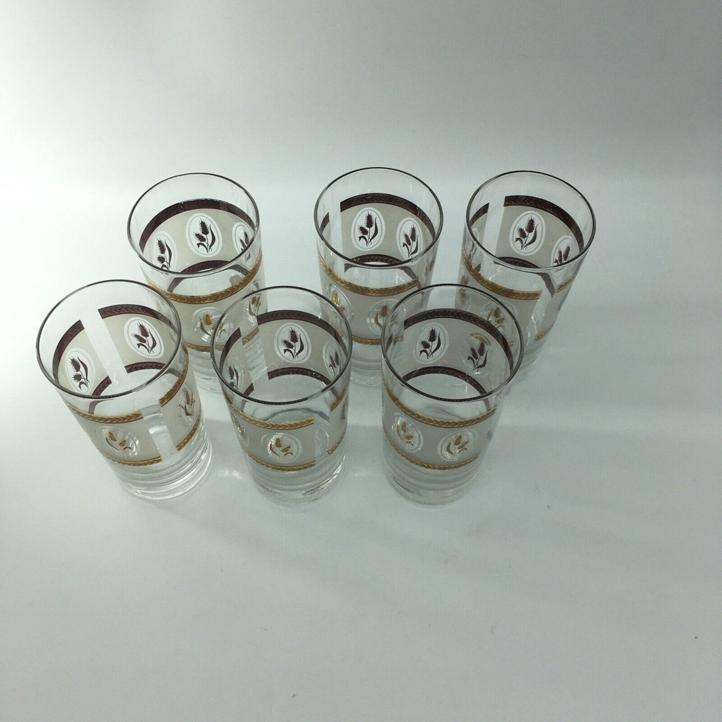 Vintage Glassware Gold Laurel Trim Wheat Design Tumblers Set 6 Barware Highball