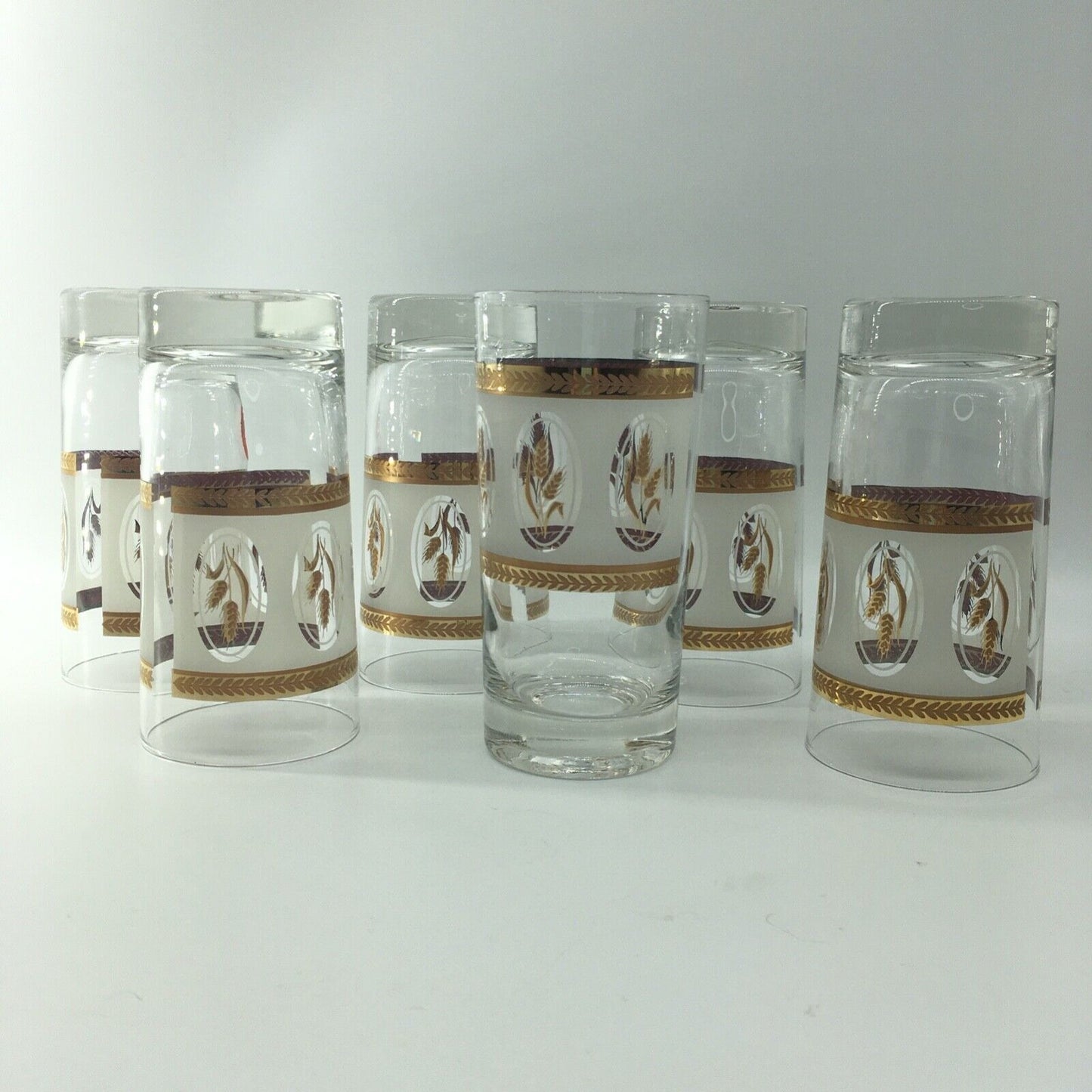 Vintage Glassware Gold Laurel Trim Wheat Design Tumblers Set 6 Barware Highball