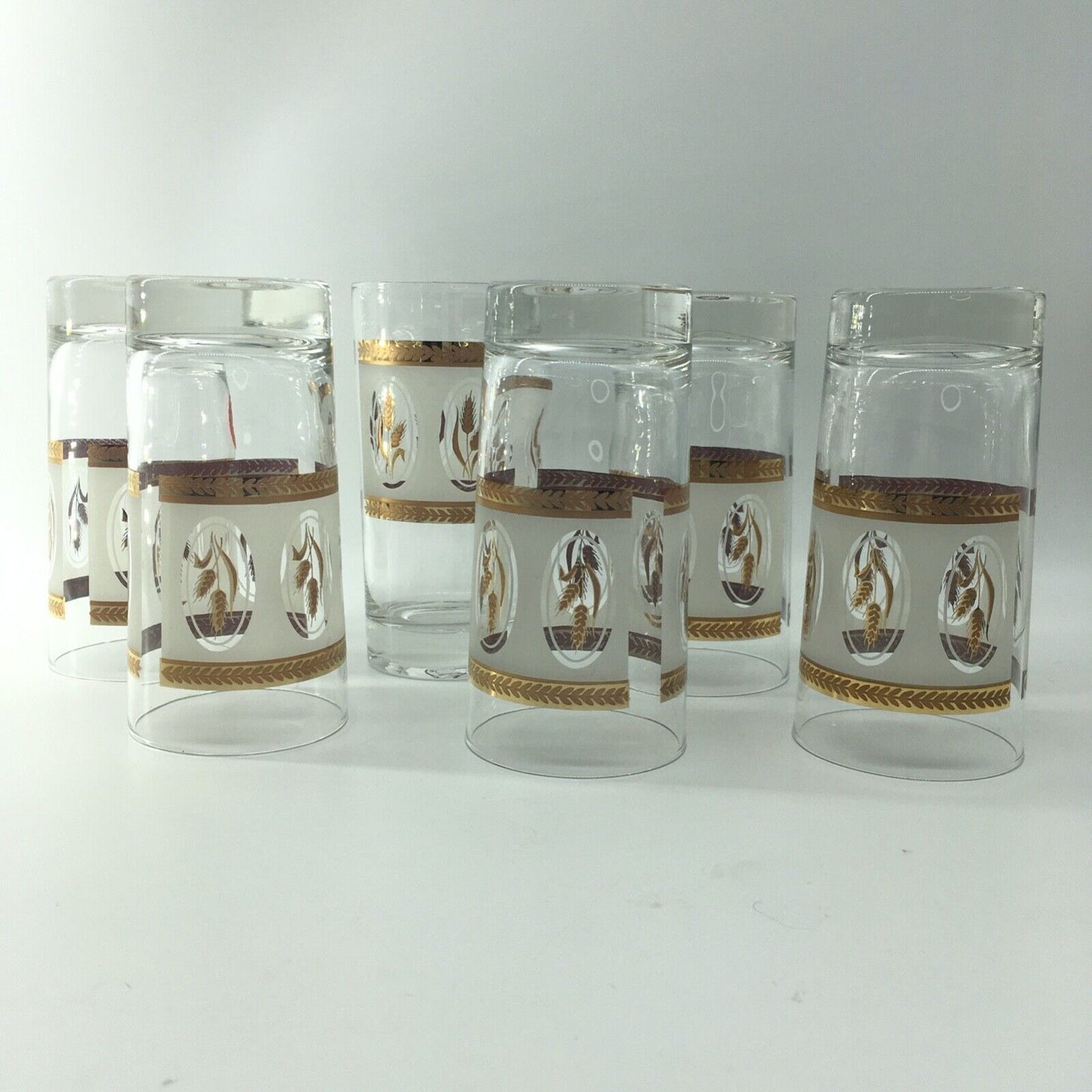 Vintage Glassware Gold Laurel Trim Wheat Design Tumblers Set 6 Barware Highball