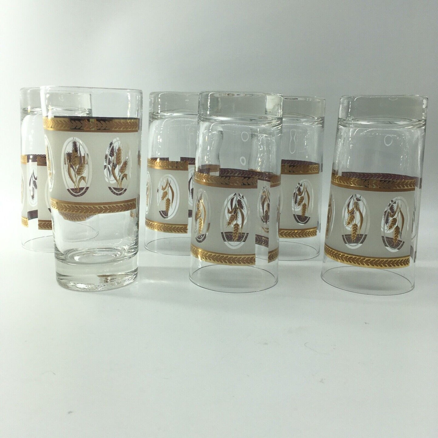 Vintage Glassware Gold Laurel Trim Wheat Design Tumblers Set 6 Barware Highball
