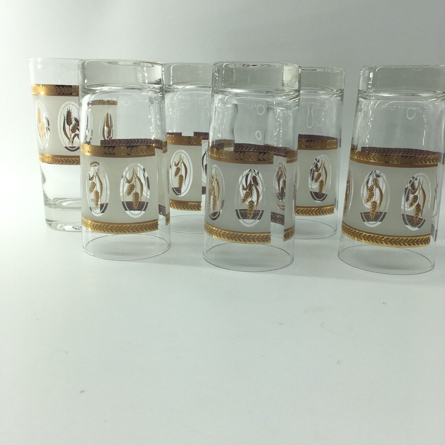 Vintage Glassware Gold Laurel Trim Wheat Design Tumblers Set 6 Barware Highball
