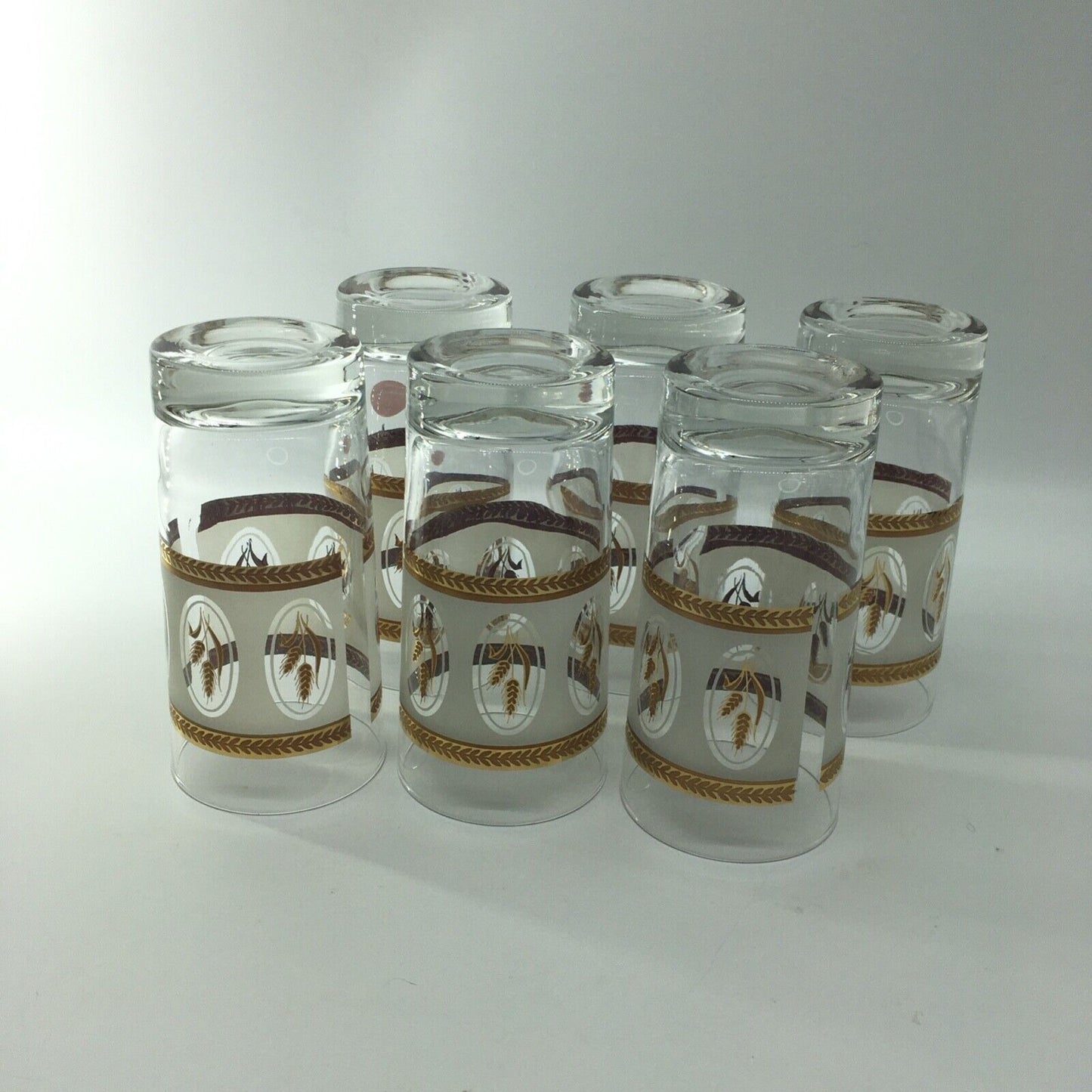 Vintage Glassware Gold Laurel Trim Wheat Design Tumblers Set 6 Barware Highball