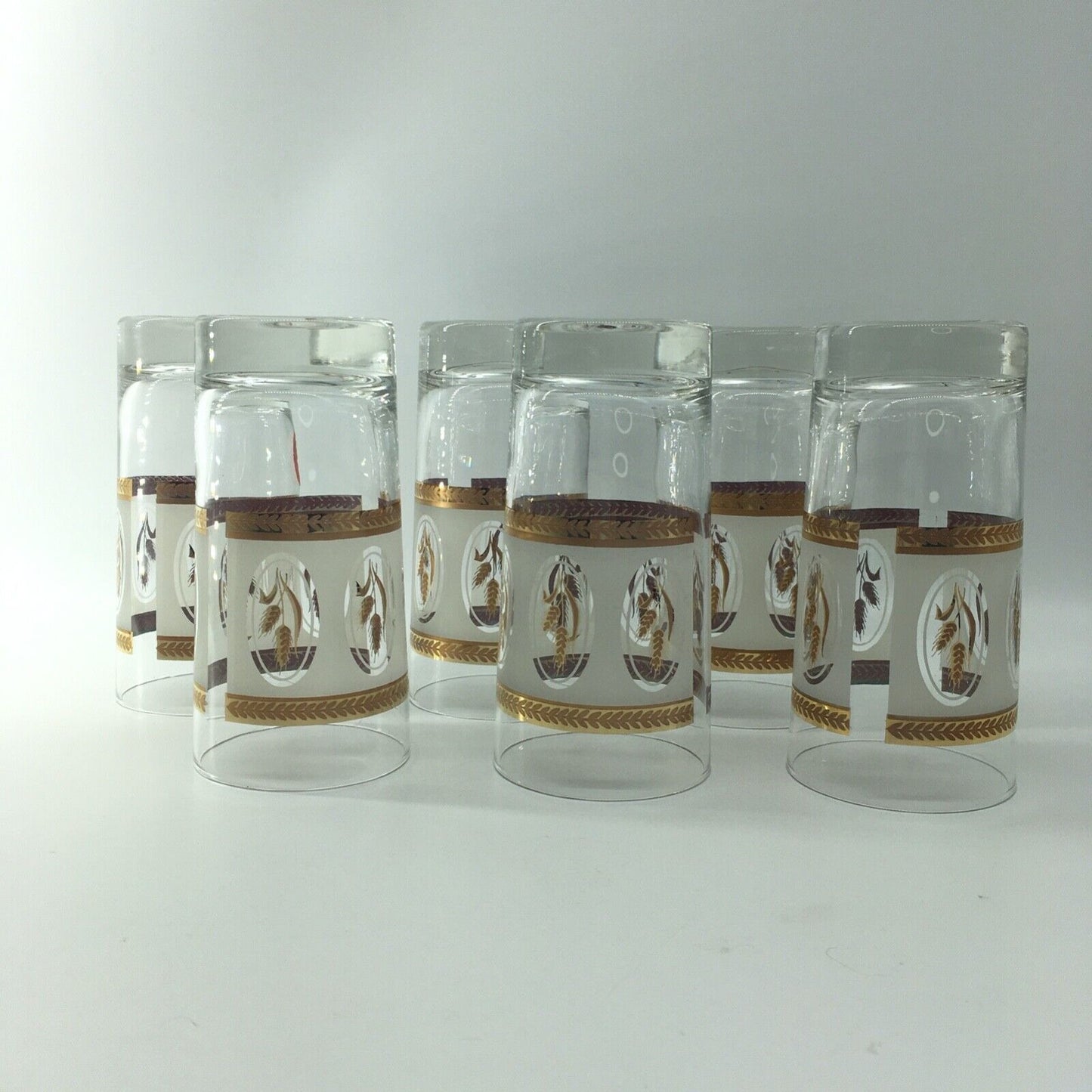 Vintage Glassware Gold Laurel Trim Wheat Design Tumblers Set 6 Barware Highball