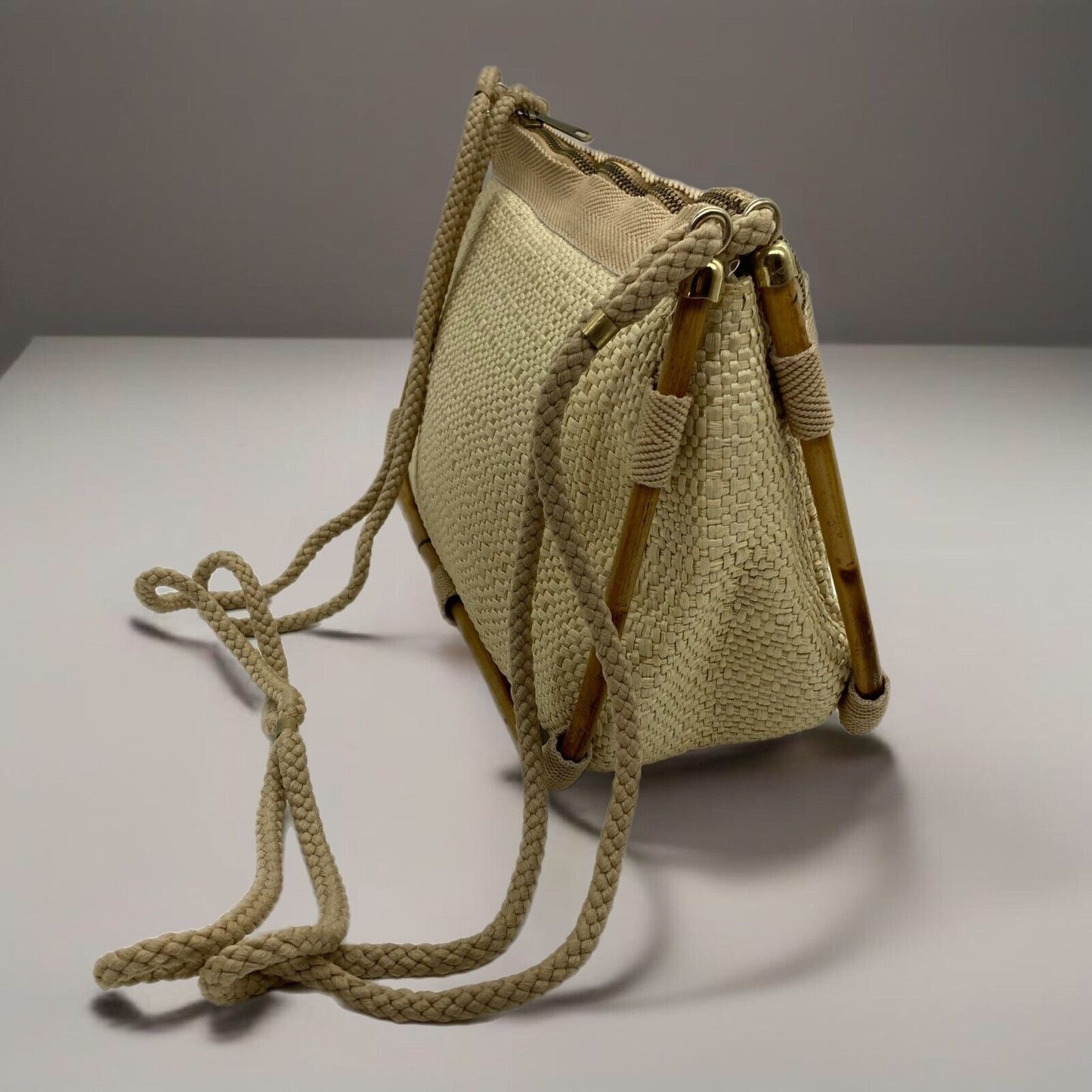 Vintage Delill Woven Raffia & Bamboo Handbag Purse Made Italy Shoulder Bag Lined