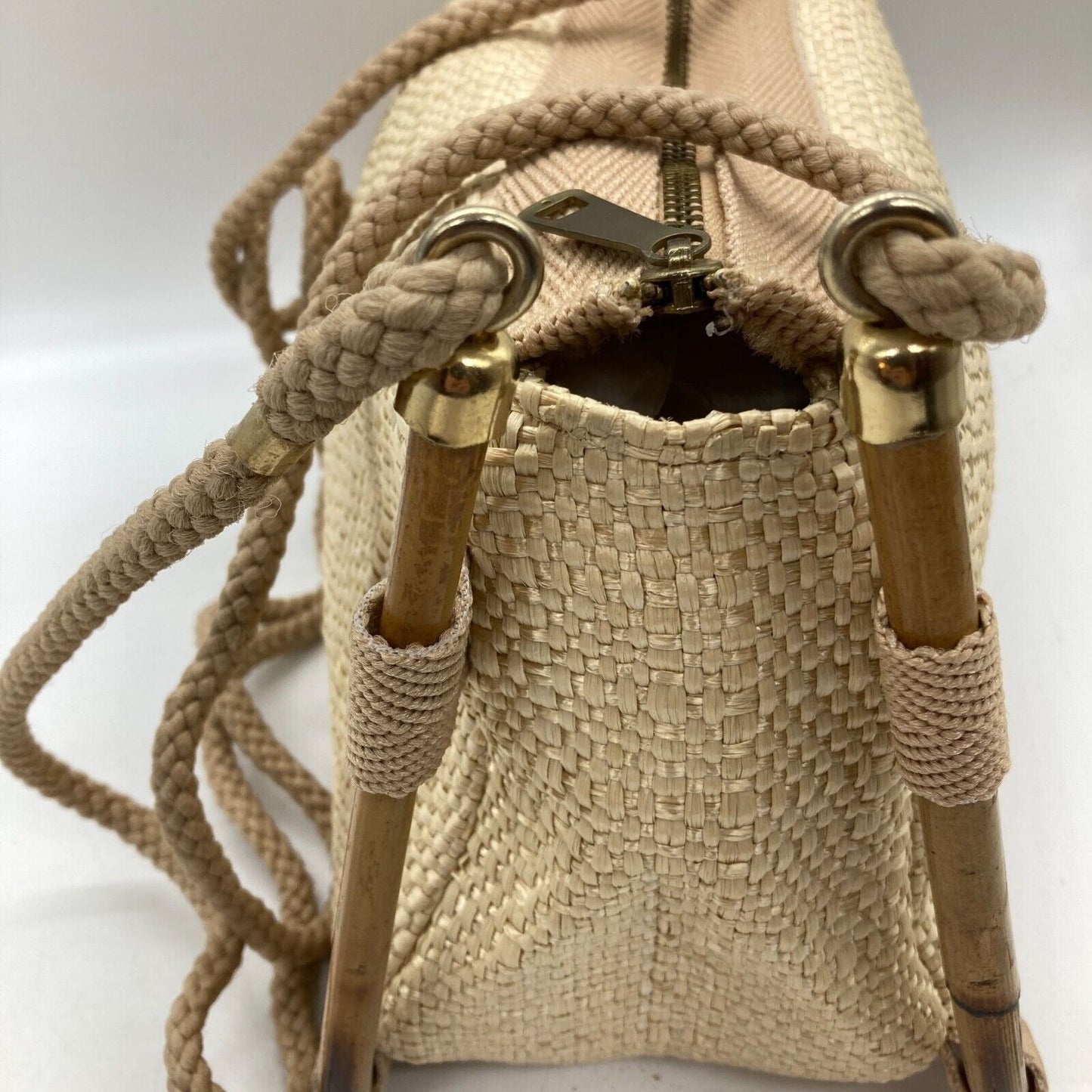 Vintage Delill Woven Raffia & Bamboo Handbag Purse Made Italy Shoulder Bag Lined