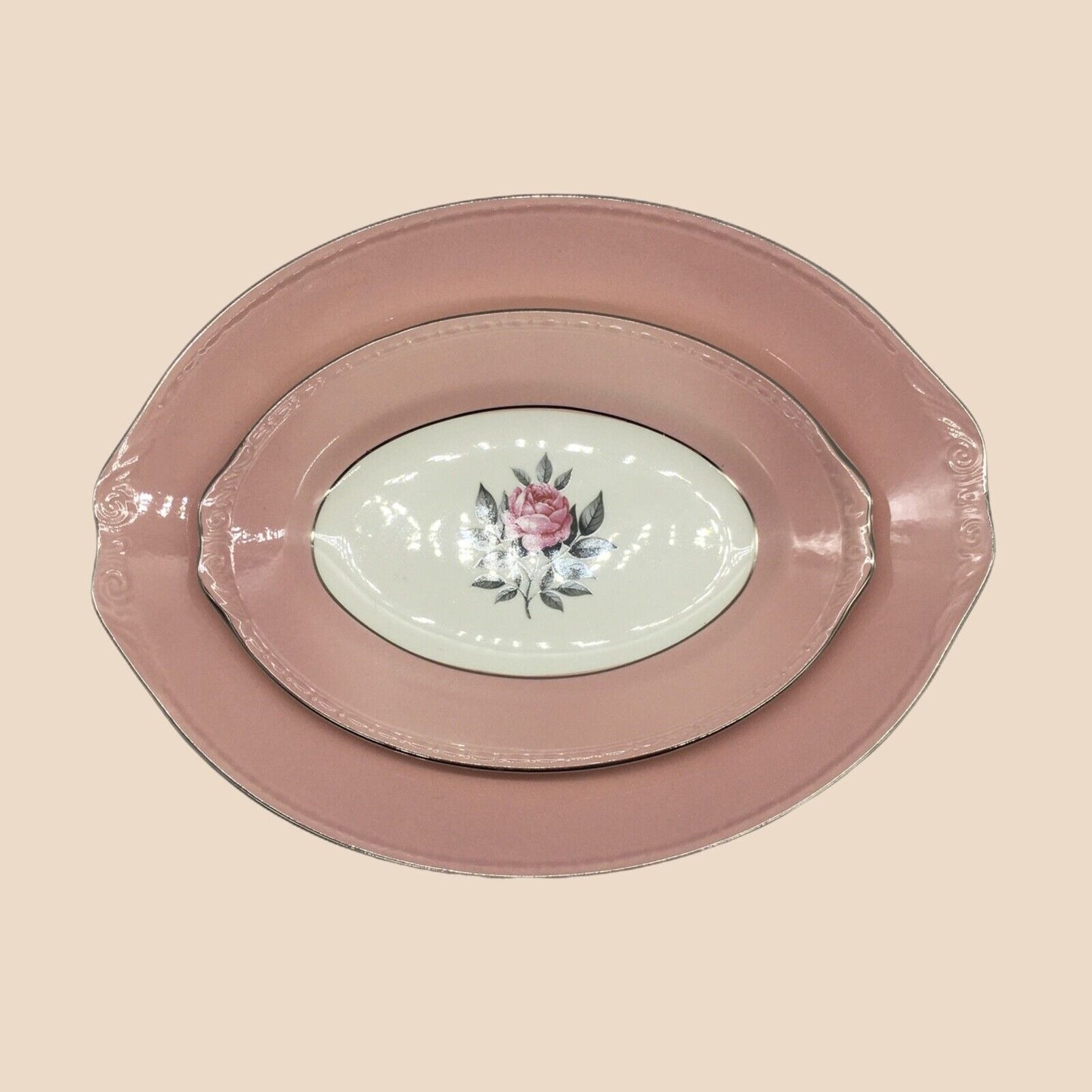 Cunningham & Pickett Inc 2 Serving Platters Norway Rose Pink Cream Porcelain VTG