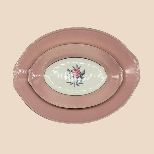 Cunningham & Pickett Inc 2 Serving Platters Norway Rose Pink Cream Porcelain VTG