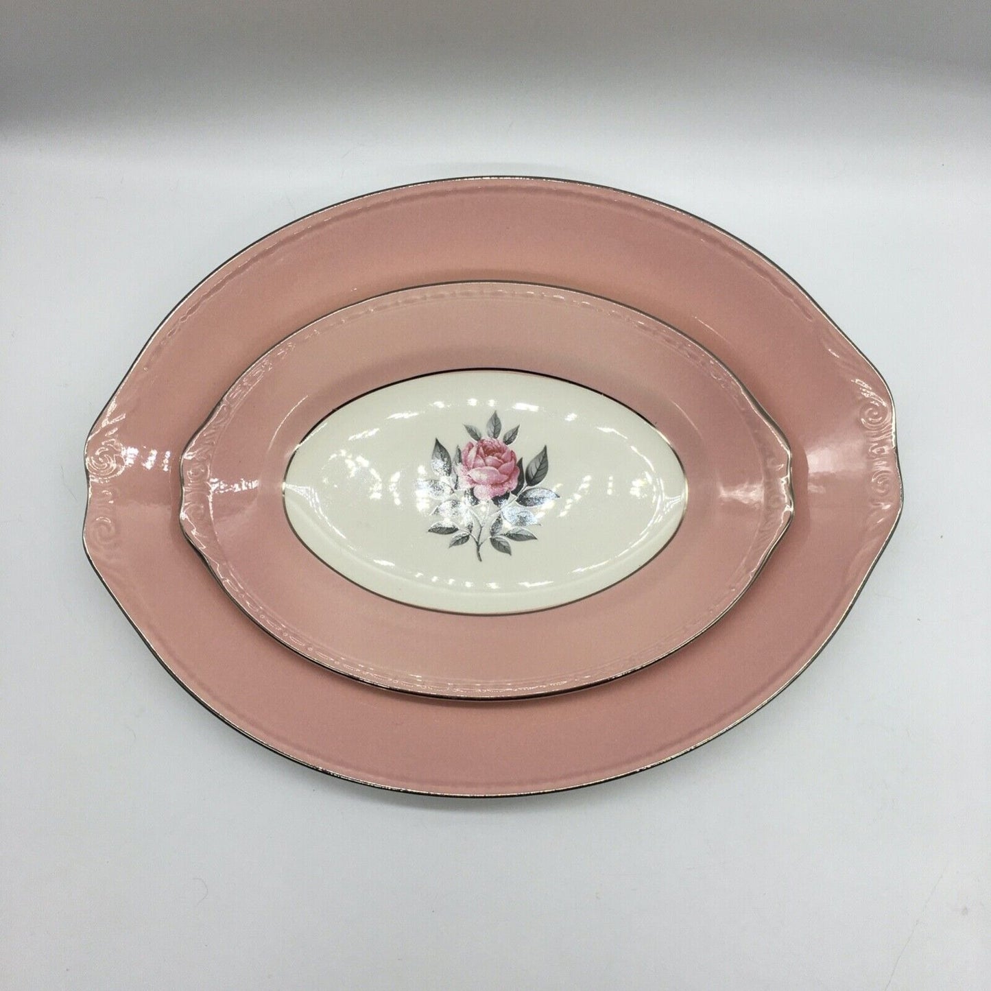Cunningham & Pickett Inc 2 Serving Platters Norway Rose Pink Cream Porcelain VTG