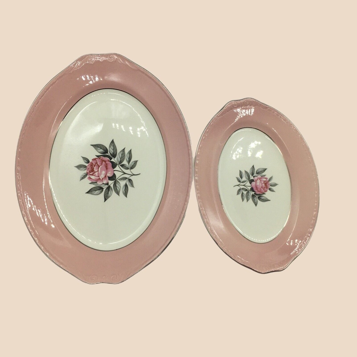 Cunningham & Pickett Inc 2 Serving Platters Norway Rose Pink Cream Porcelain VTG