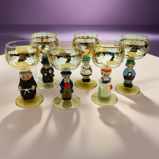 Goebel Wine Etched Glasses Figural Hummel Stems Set 6 VTG W. German Leaf Grapes