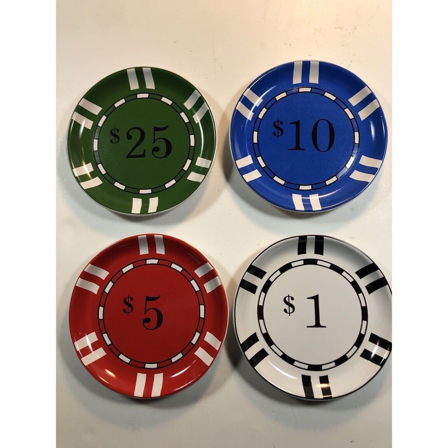 Set of 4 Plates 6" Poker Chip Sur La Table $25 Green $10 Blue $5 Red $1 White