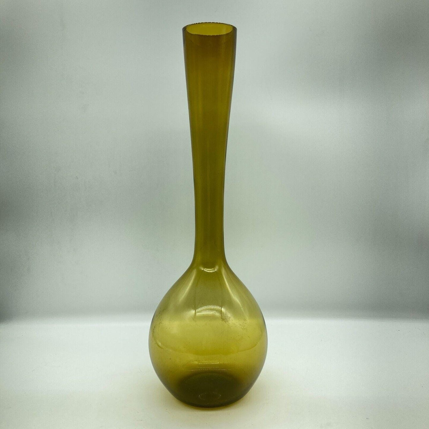 MCM Vase 15.75" Tall Hand Blown Olive Art Glass Bulb Base Long Neck Vintage