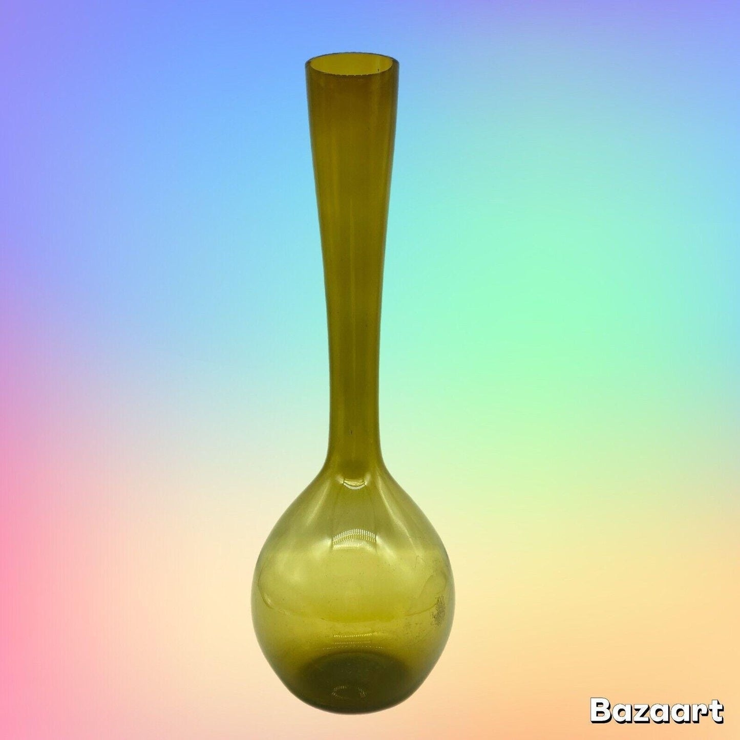 MCM Vase 15.75" Tall Hand Blown Olive Art Glass Bulb Base Long Neck Vintage