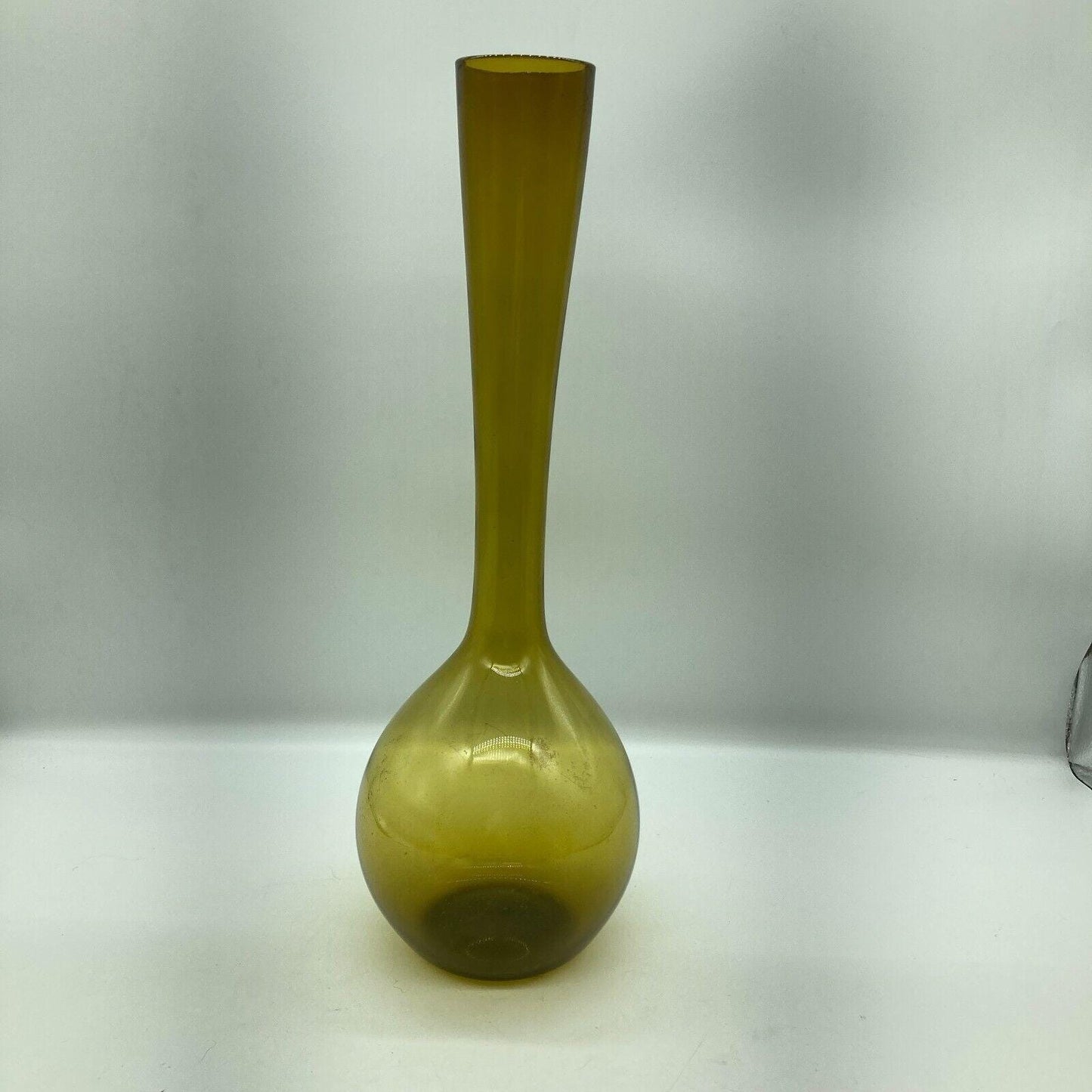 MCM Vase 15.75" Tall Hand Blown Olive Art Glass Bulb Base Long Neck Vintage