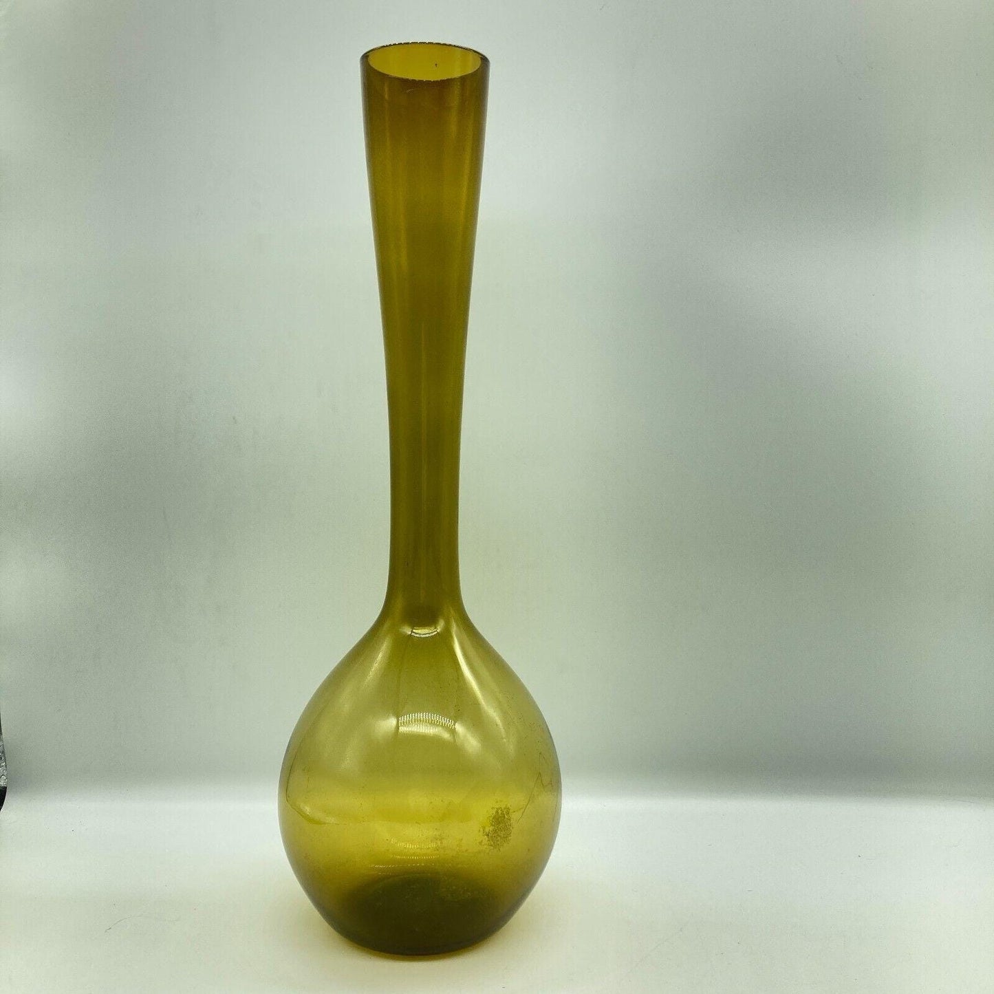 MCM Vase 15.75" Tall Hand Blown Olive Art Glass Bulb Base Long Neck Vintage