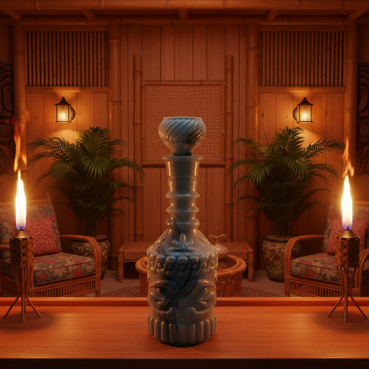A vintage gray blue slag glass liquor bottle with a tiki bar style design, featuring a stopper on top.