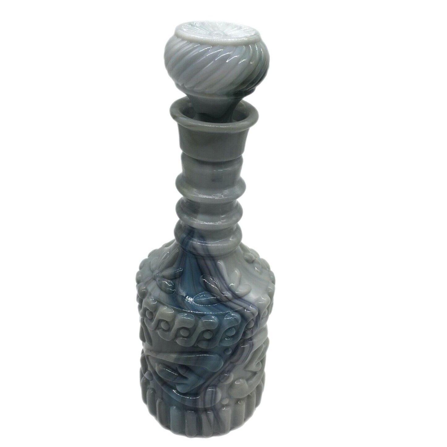 Gray Blue Slag Glass Tiki Bar Style Decanter Liquor Bottle 1972 Vintage Stopper