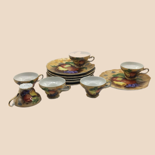 Vintage Luncheon Plates Tea Cups Set of 6 Hand Painted Fruit Orchard Harvest Tea Party Cottage Core