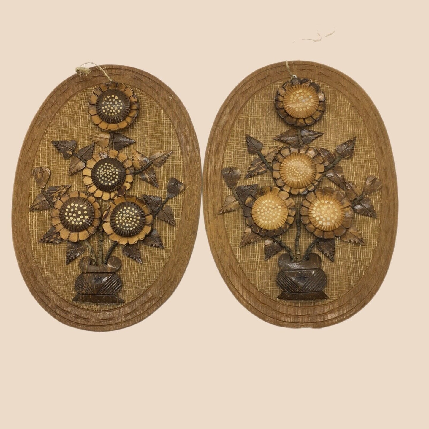 Coconut Shell Art Set 2 Floral 13.5" Oval Wall Hang Tiki Bar Mid Century VTG 70s
