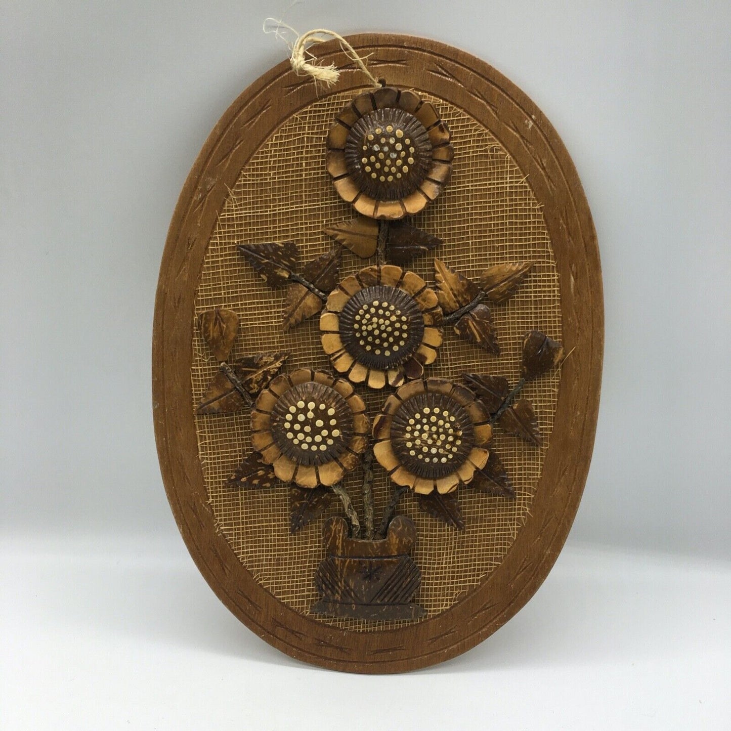 Coconut Shell Art Set 2 Floral 13.5" Oval Wall Hang Tiki Bar Mid Century VTG 70s