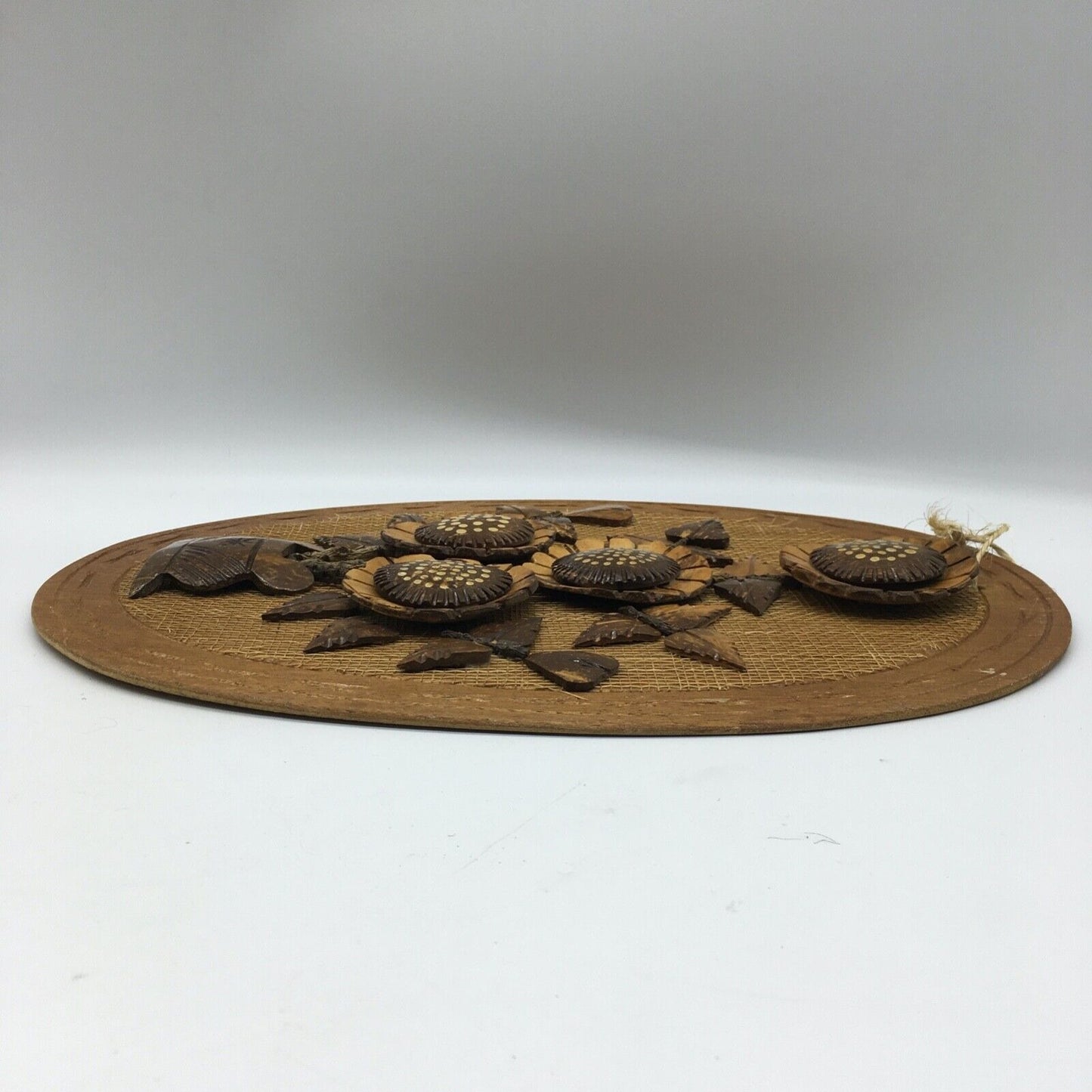 Coconut Shell Art Set 2 Floral 13.5" Oval Wall Hang Tiki Bar Mid Century VTG 70s