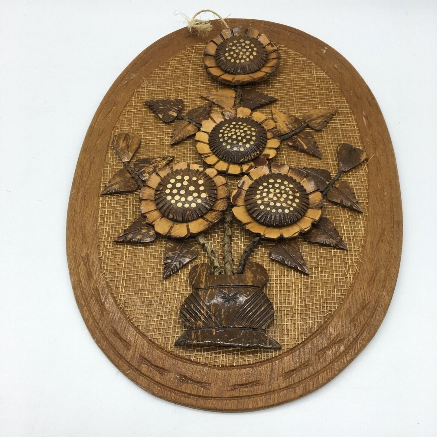 Coconut Shell Art Set 2 Floral 13.5" Oval Wall Hang Tiki Bar Mid Century VTG 70s
