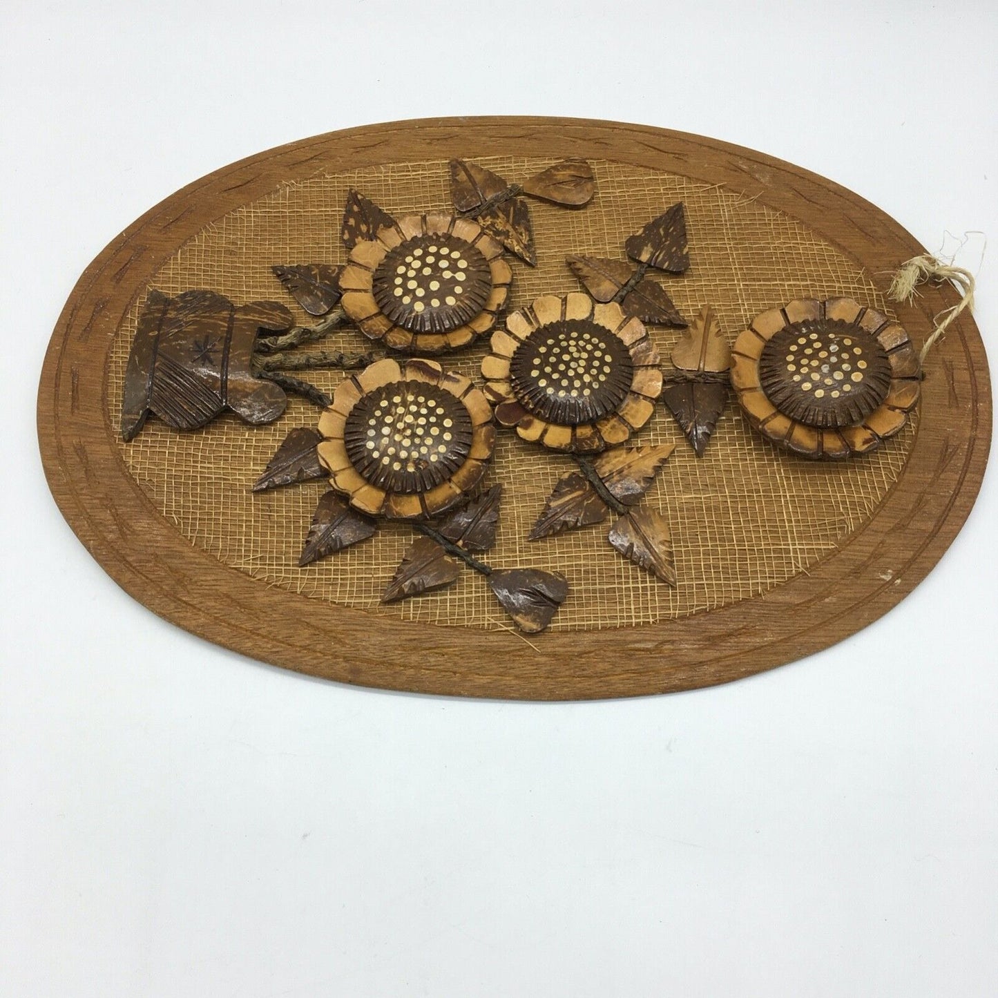 Coconut Shell Art Set 2 Floral 13.5" Oval Wall Hang Tiki Bar Mid Century VTG 70s