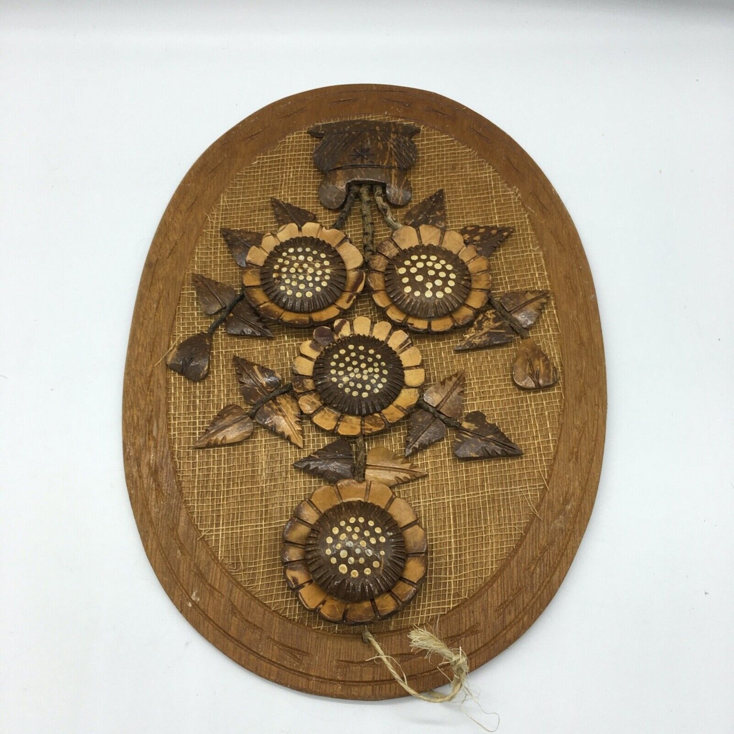 Coconut Shell Art Set 2 Floral 13.5" Oval Wall Hang Tiki Bar Mid Century VTG 70s