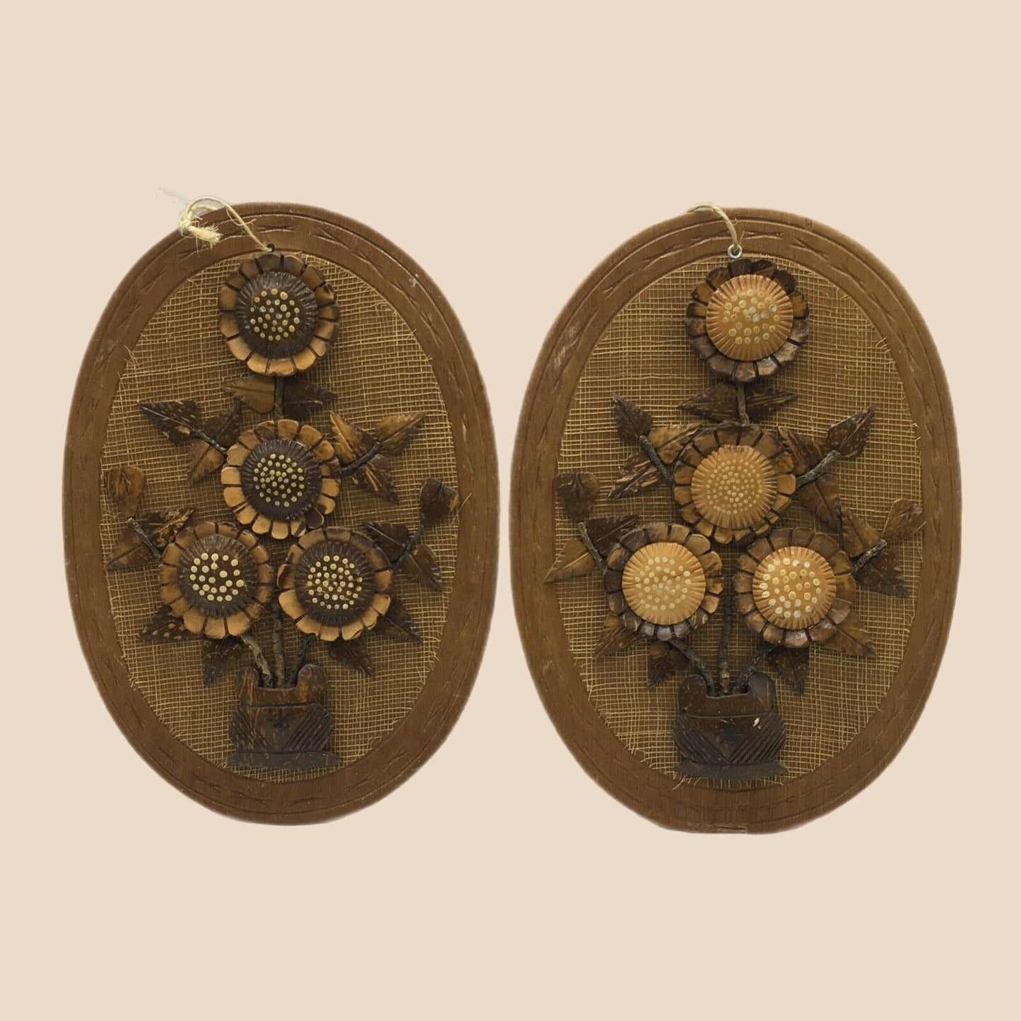 Coconut Shell Art Set 2 Floral 13.5" Oval Wall Hang Tiki Bar Mid Century VTG 70s