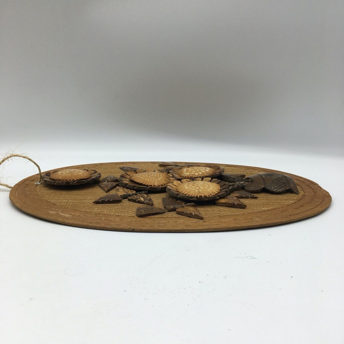 Coconut Shell Art Set 2 Floral 13.5" Oval Wall Hang Tiki Bar Mid Century VTG 70s