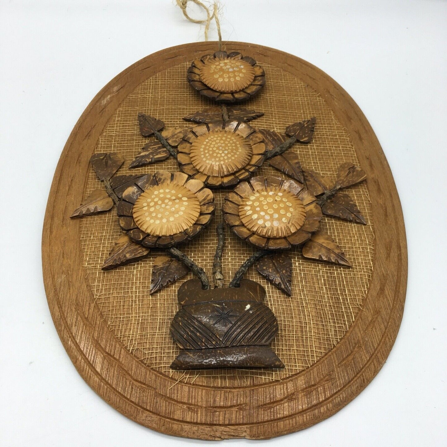 Coconut Shell Art Set 2 Floral 13.5" Oval Wall Hang Tiki Bar Mid Century VTG 70s