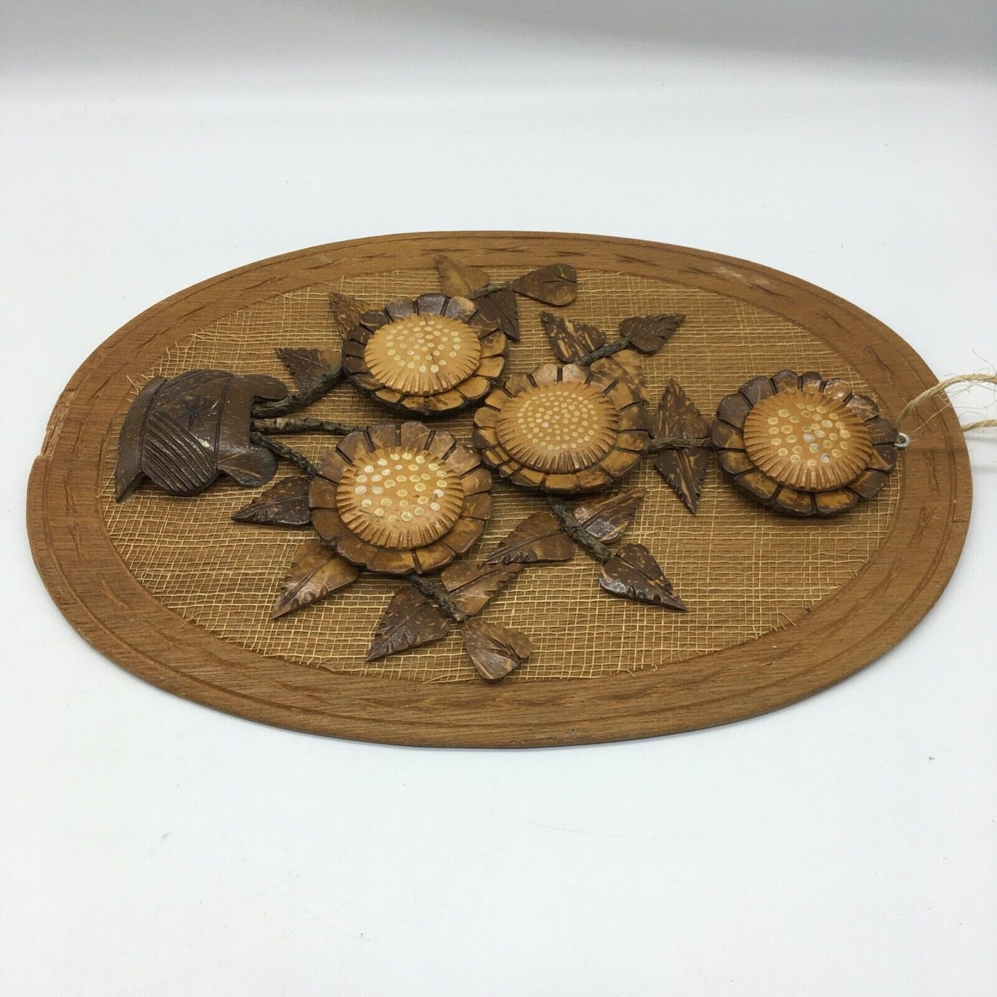 Coconut Shell Art Set 2 Floral 13.5" Oval Wall Hang Tiki Bar Mid Century VTG 70s