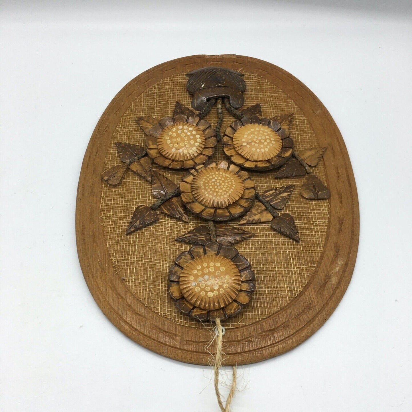 Coconut Shell Art Set 2 Floral 13.5" Oval Wall Hang Tiki Bar Mid Century VTG 70s