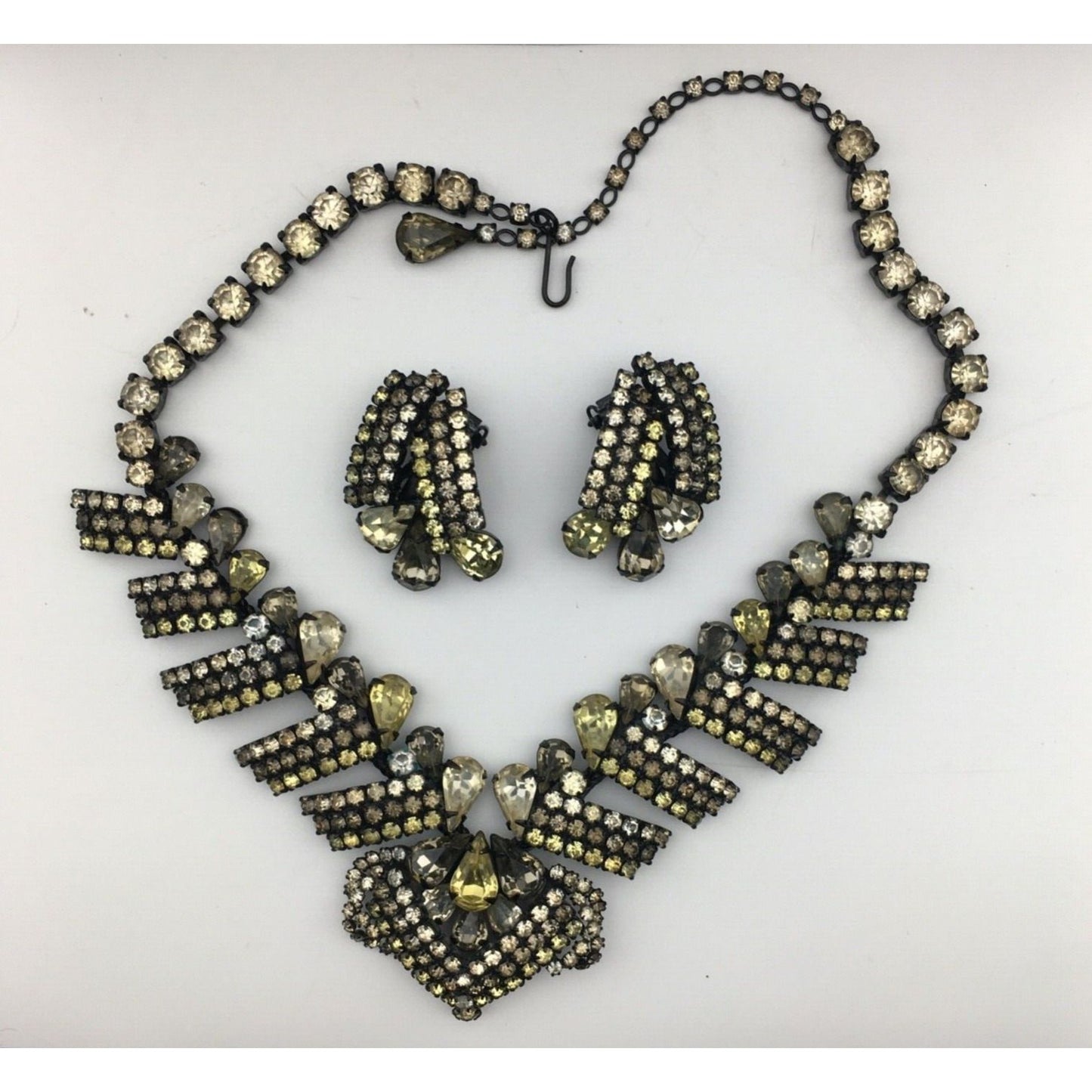 Hobé Necklace Earring Set Rhinestone Chocolate Canary Crystal Japanning Vintage