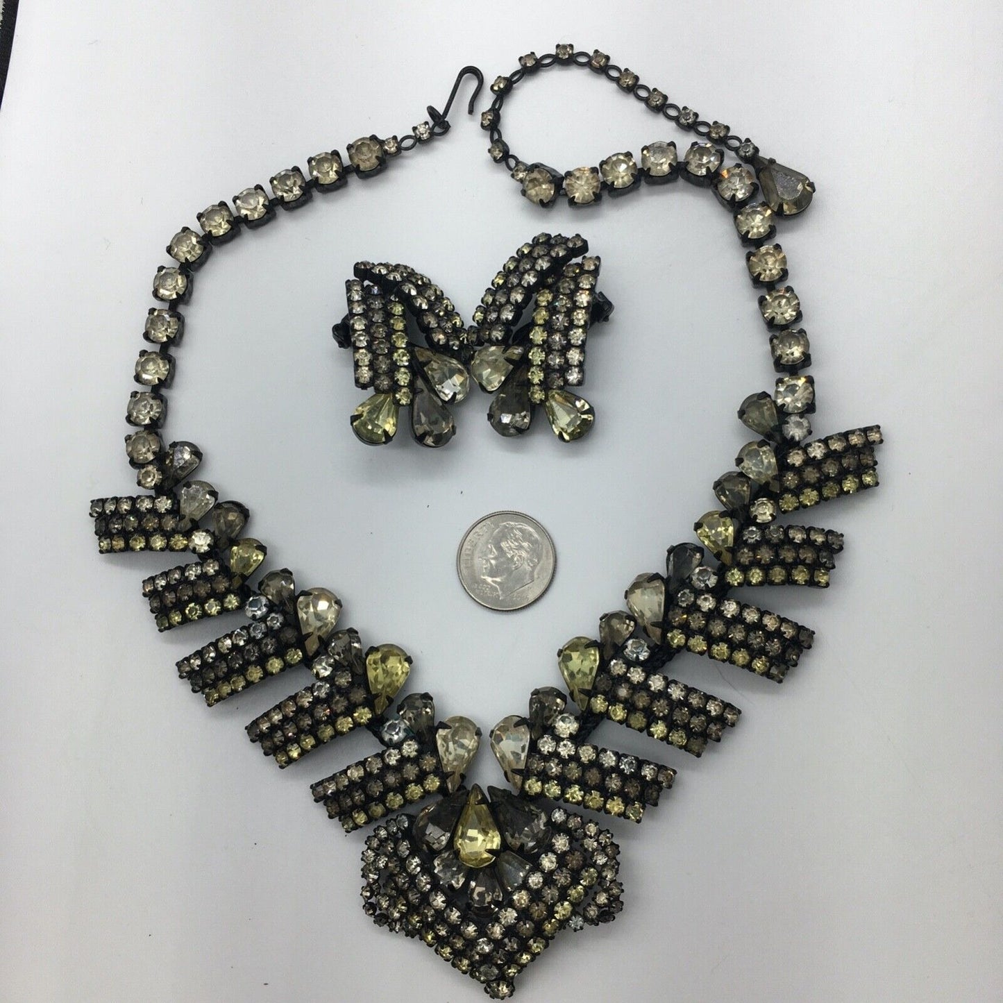 Hobé Necklace Earring Set Rhinestone Chocolate Canary Crystal Japanning Vintage