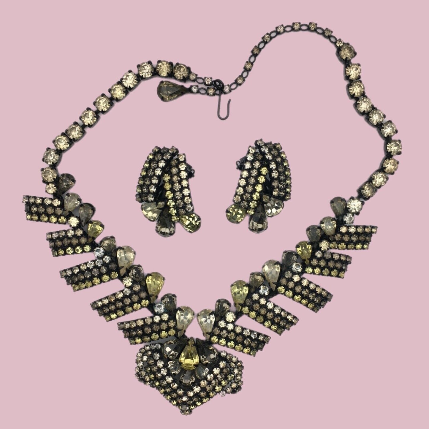 Hobé Necklace Earring Set Rhinestone Chocolate Canary Crystal Japanning Vintage