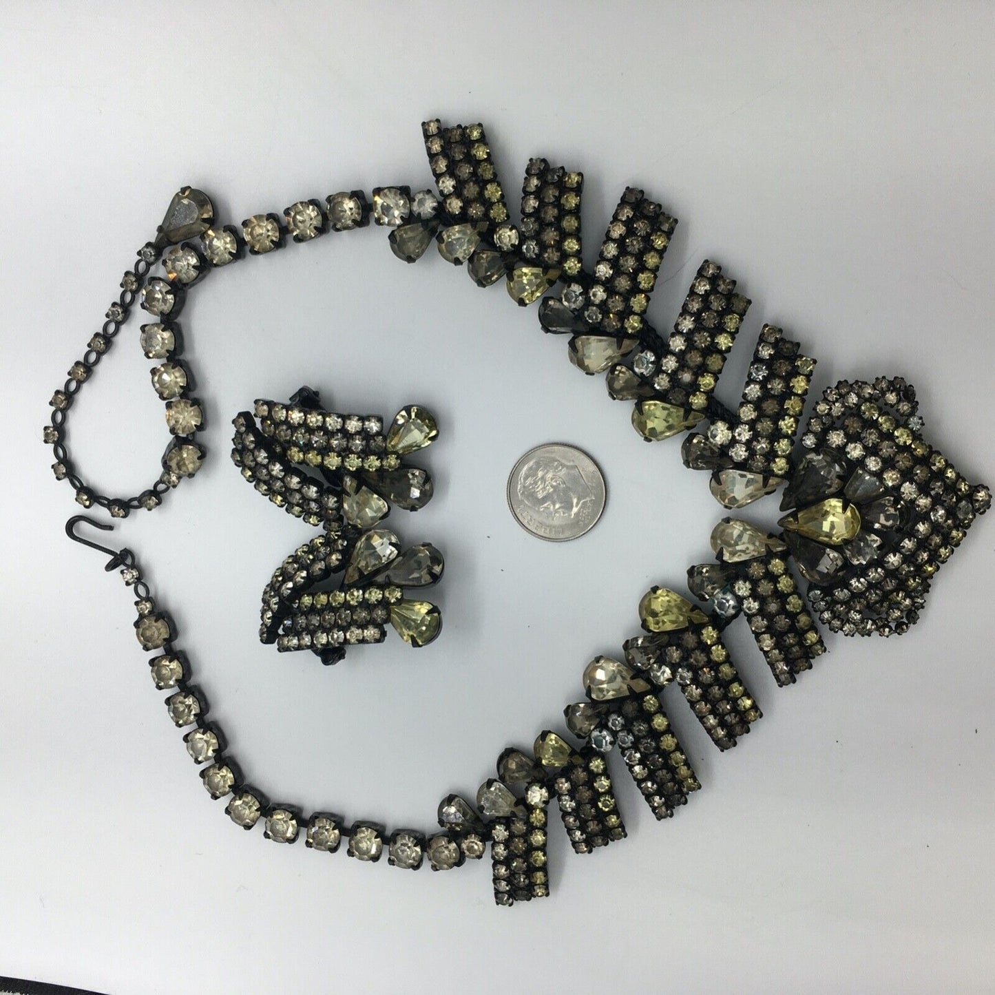 Hobé Necklace Earring Set Rhinestone Chocolate Canary Crystal Japanning Vintage