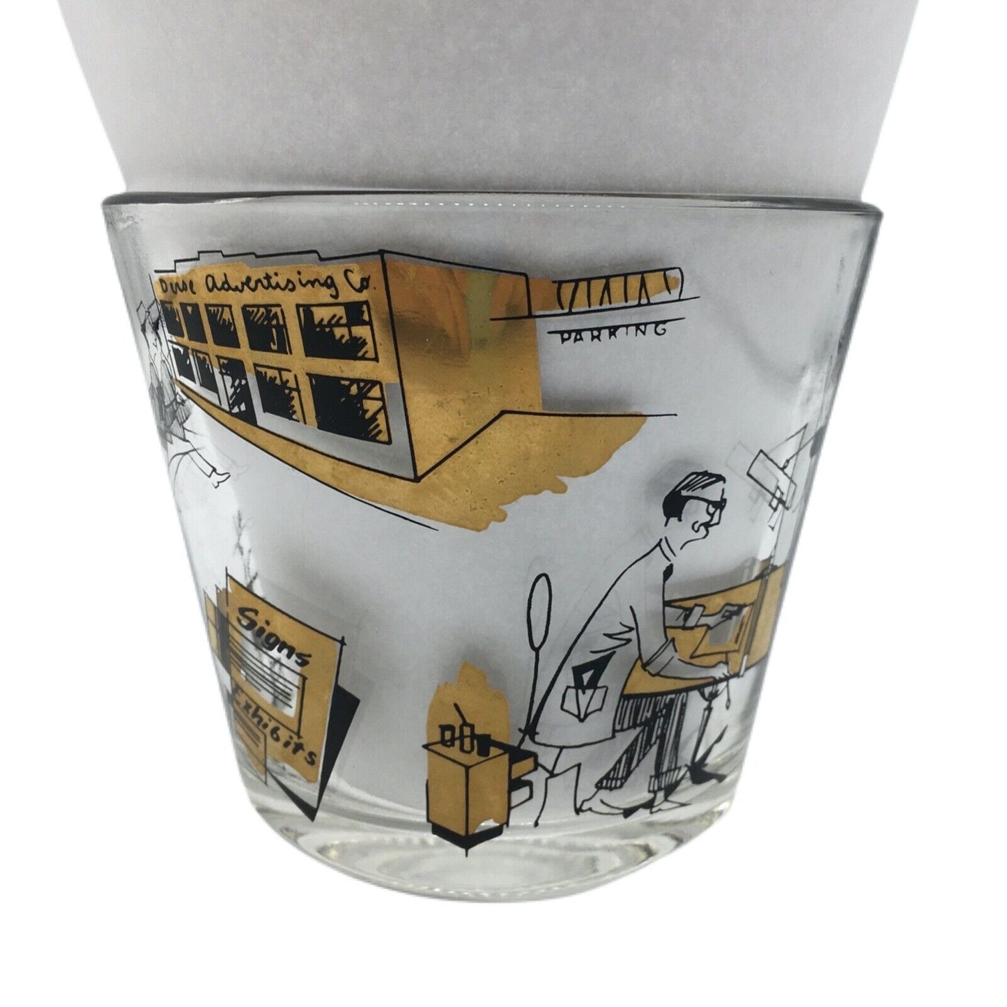 MCM Graphic Art Barware Glass Ice Bucket City Scene Gold Rim Shot Glass Vintage