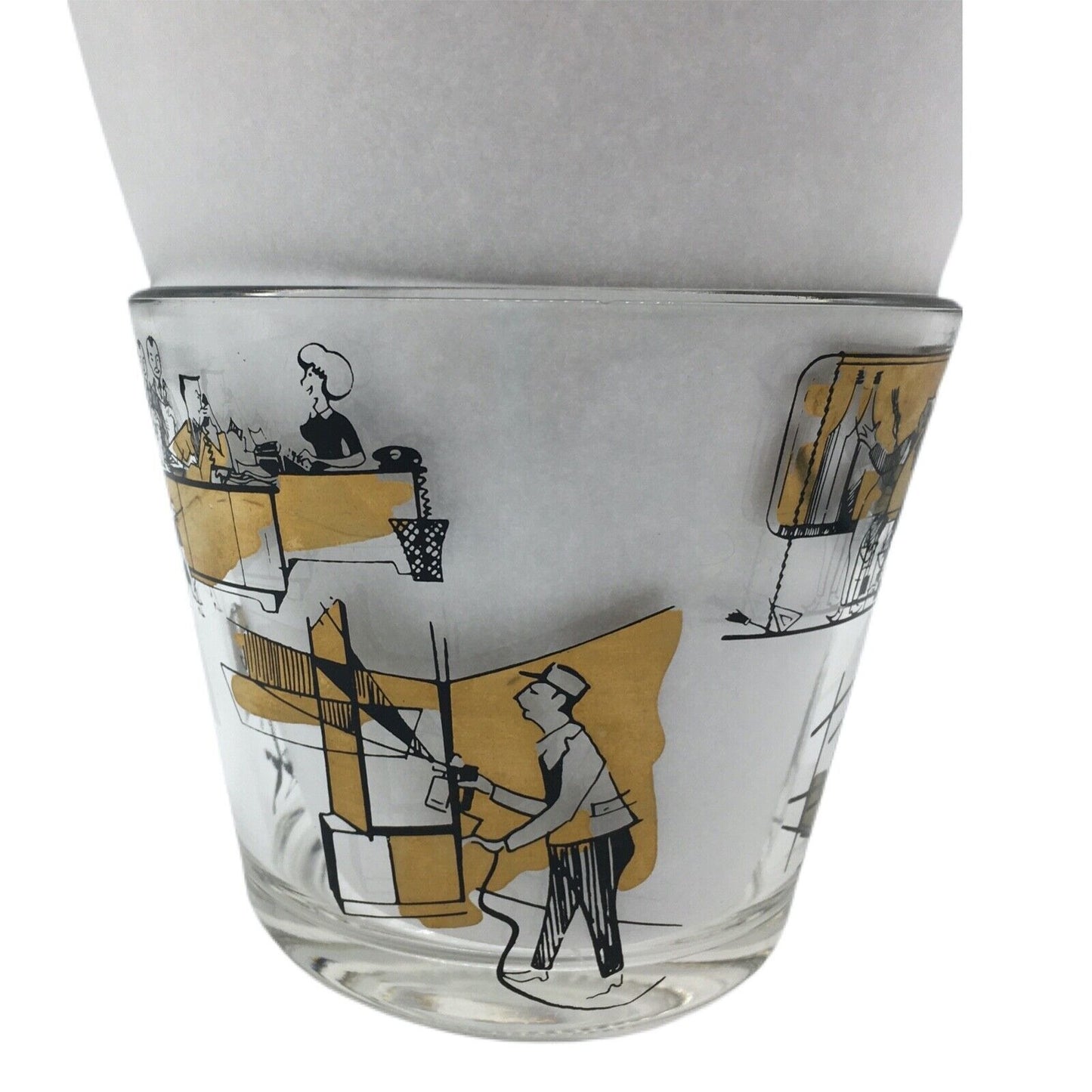 MCM Graphic Art Barware Glass Ice Bucket City Scene Gold Rim Shot Glass Vintage