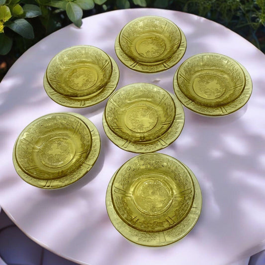 Vintage Federal Glass Co. Sharon Cabbage Rose Yellow 6 Berry Bowls & 6 Dessert Plates Depression Glass