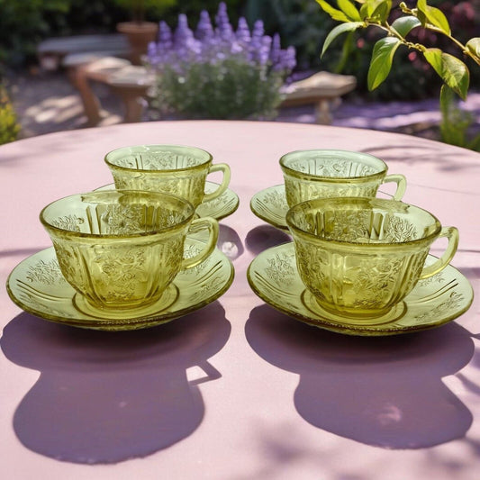 Vintage Federal Glass Cup Saucers Set of 4 Yellow Depression Glass Sharon Cabbage Rose Cottage