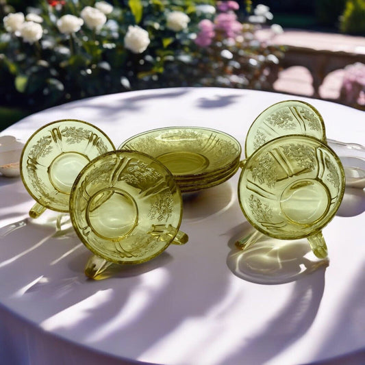 Vintage Federal Glass Cup Saucers Set of 4 Yellow Depression Glass Sharon Cabbage Rose Cottage