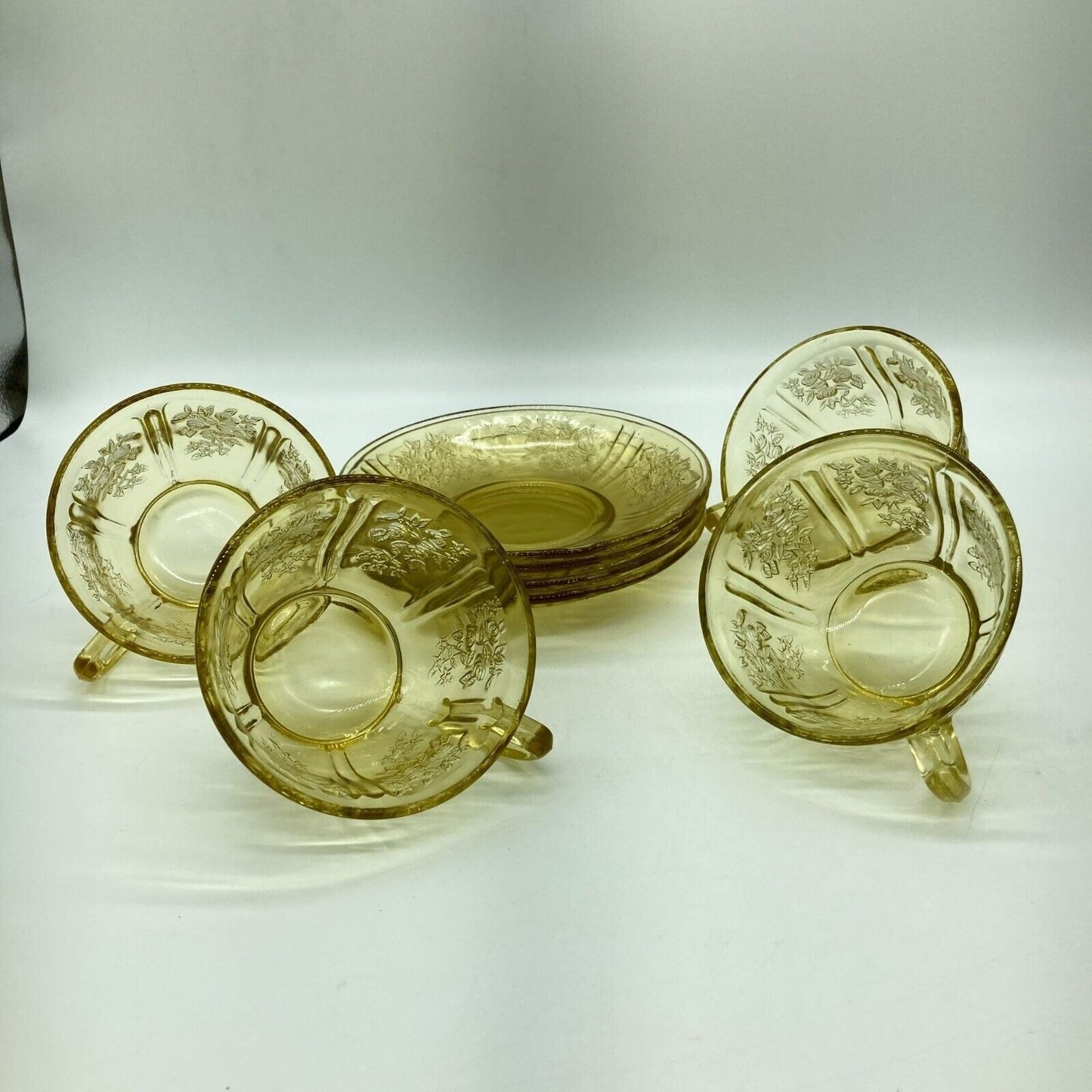 Vintage Federal Glass Cup and Saucers Set of 4 Yellow Depression Glass Cottage